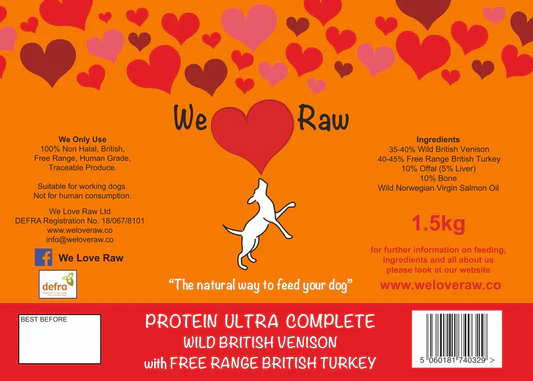 We Love Raw 9x150g Heart Shaped Burgers Protein Ultra Complete Wild British Venison with Free Range British Turkey